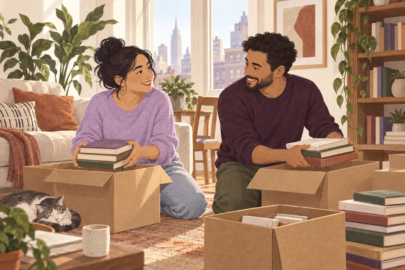 Illustration: Two adults unpack books into a modest bright New York apartment.