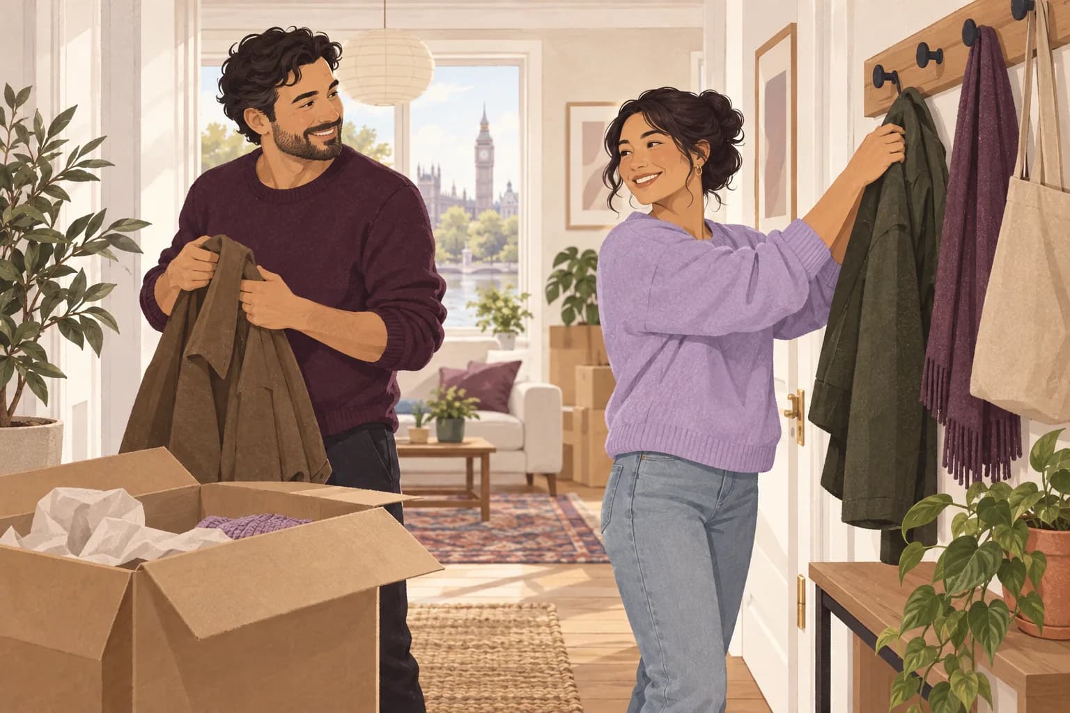 Illustration: Two adults in their thirties hang coats in a bright London flat after moving.