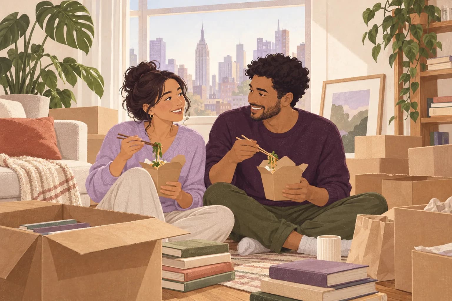 Illustration: A young adult couple share takeaway lunch among half-unpacked books in a bright New York apartment.