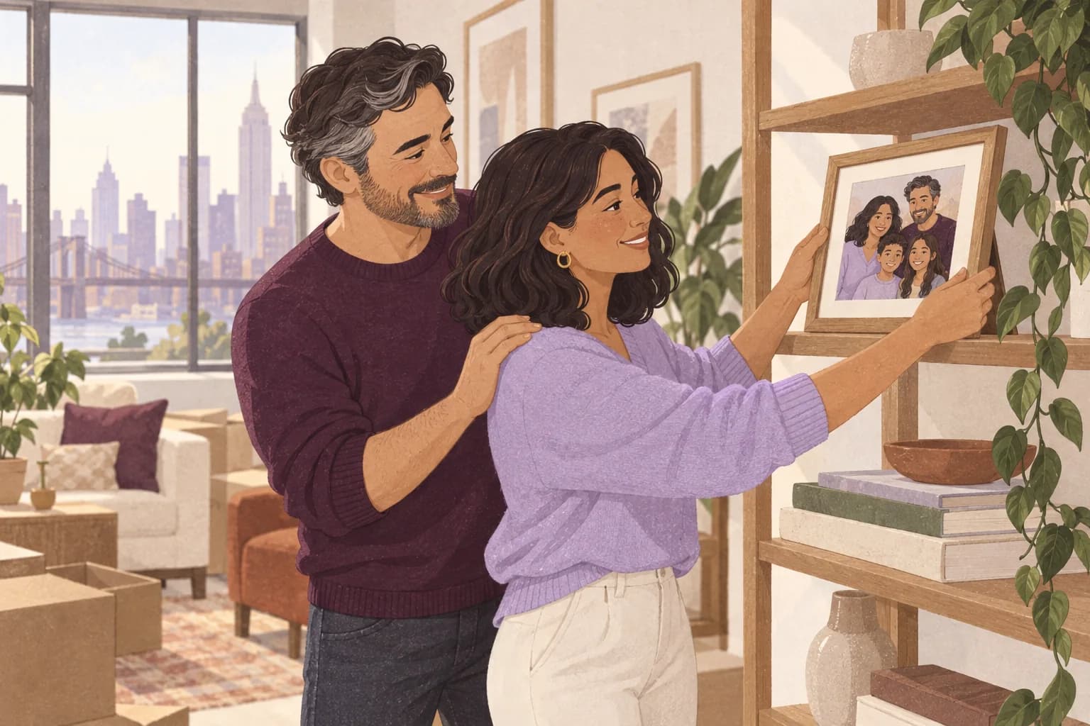 Illustration: A couple in their forties place a familiar framed family photograph on a shelf in their new New York home.