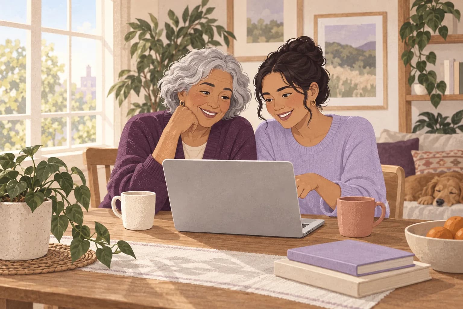 Illustration: An older adult and adult daughter sit side by side reading from a laptop at home.