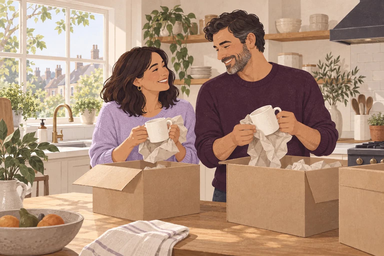Illustration: A couple in their forties unpack familiar mugs in a bright English kitchen after returning home.