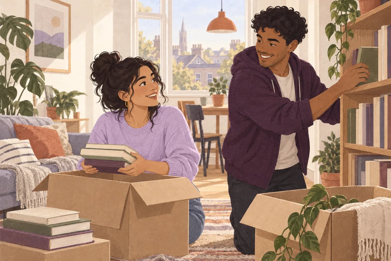 Illustration: Two adult university students in their early twenties organise books in a bright modest shared UK flat.