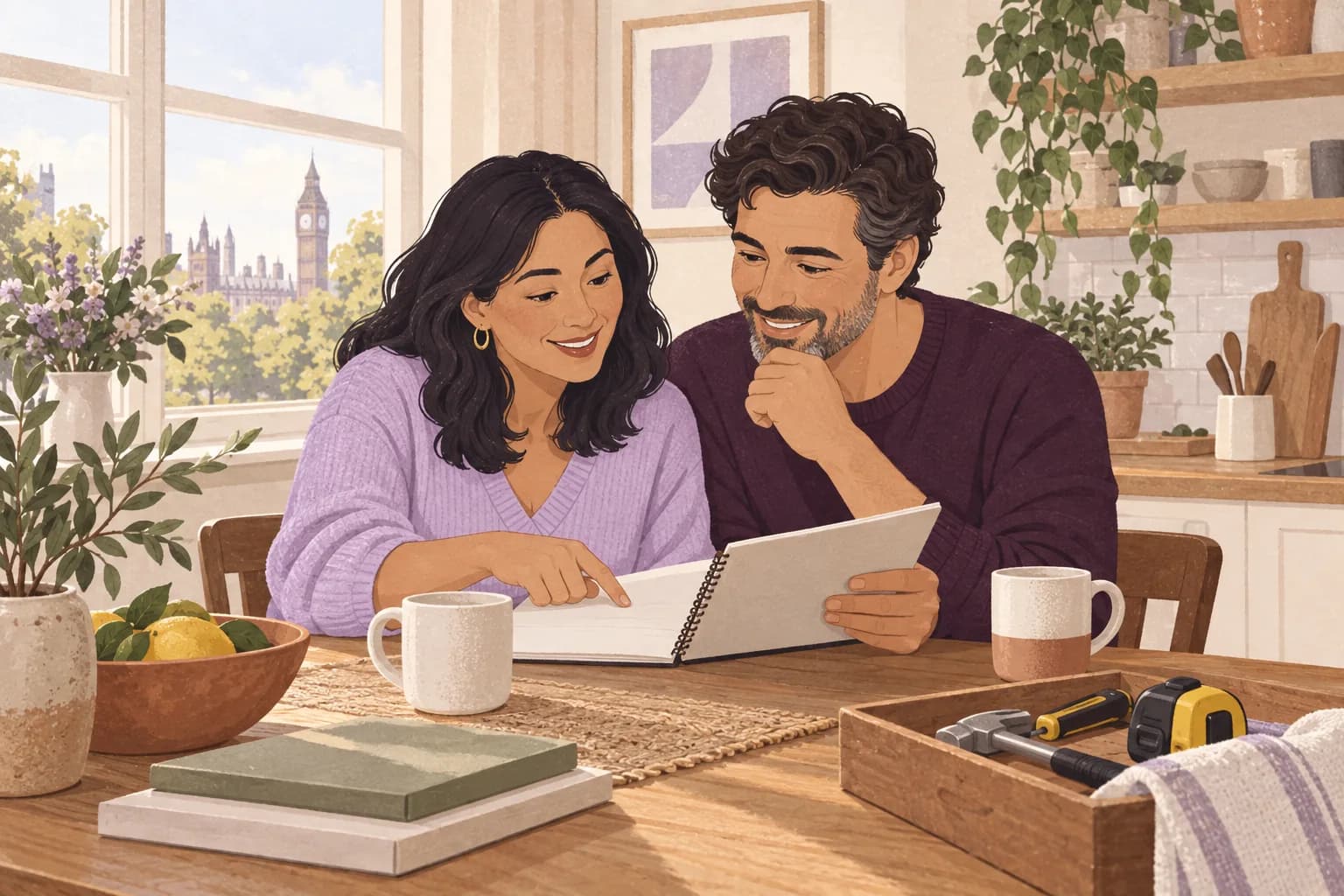 Illustration: A woman in her forties and partner look through a home maintenance notebook at their London kitchen table.