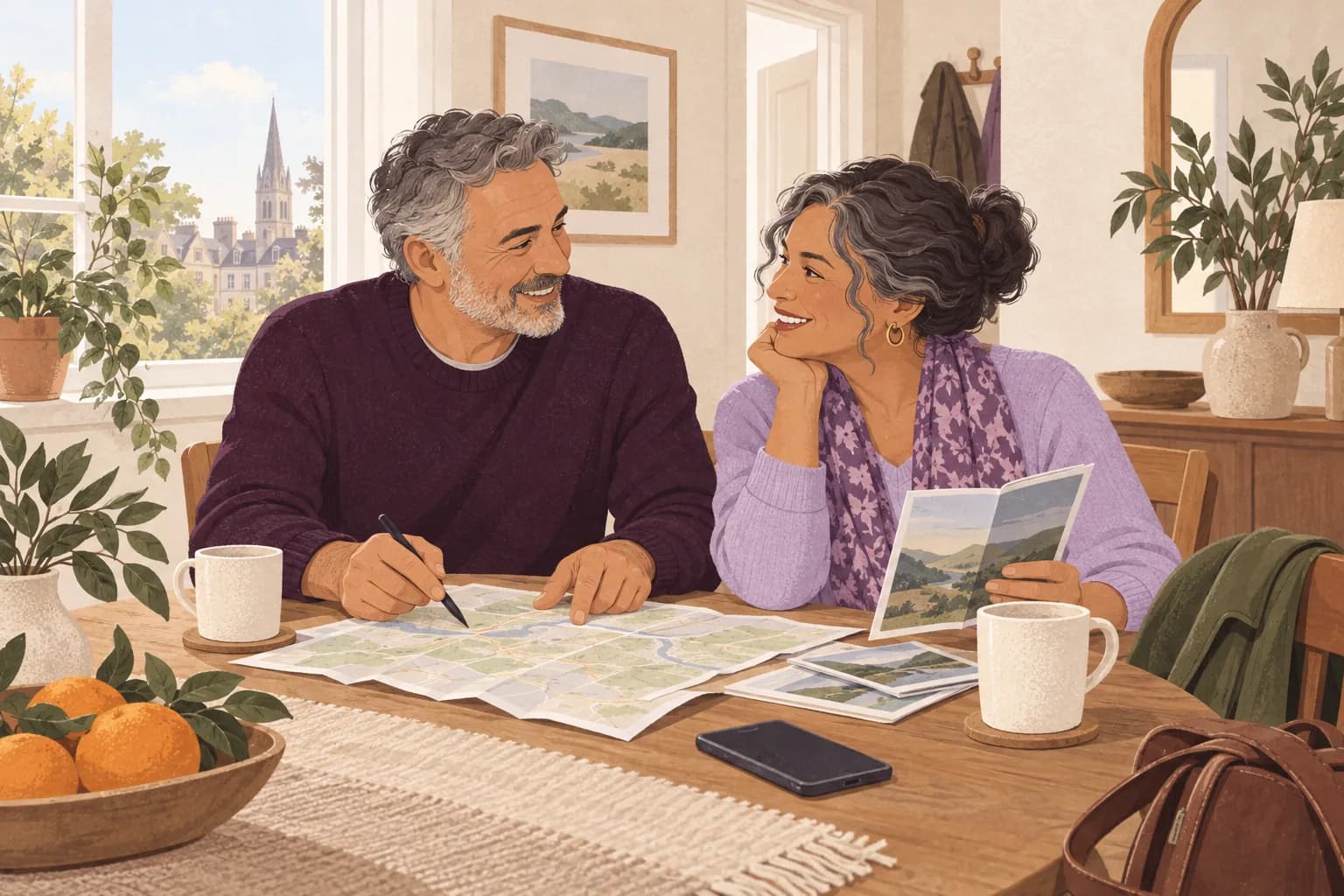 Illustration: A mature couple in their late fifties compare notes at a bright UK dining table before going out.