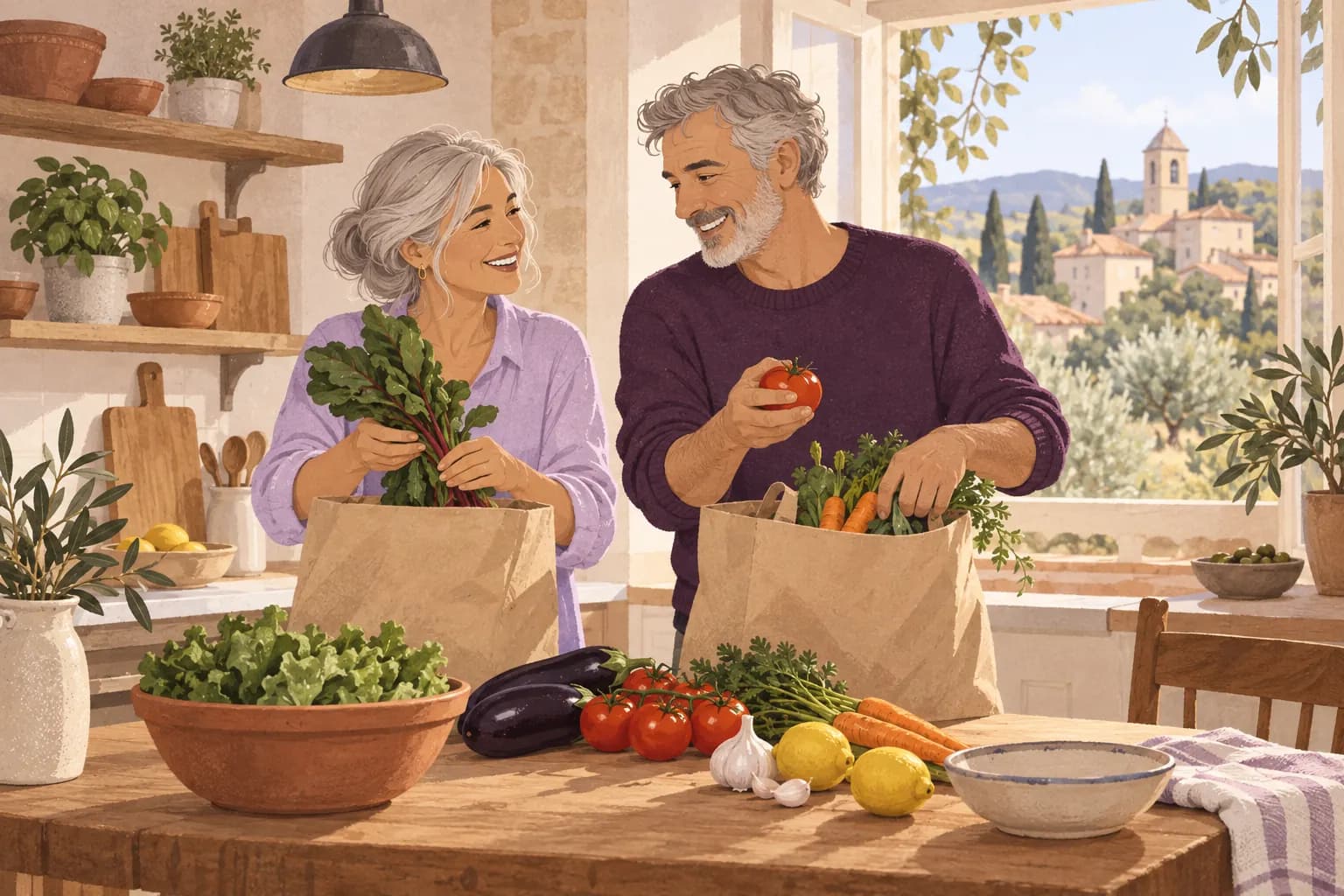 Illustration: A mature British couple in their sixties unpack vegetables at a sunlit ordinary French village kitchen.