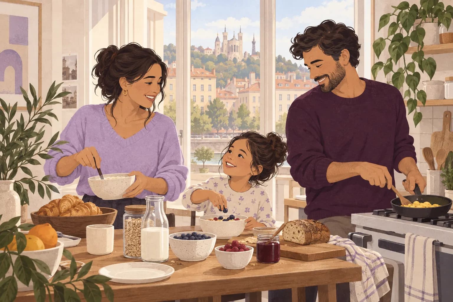 Illustration: A family including two adults and a child makes a simple breakfast in a lived-in Lyon apartment.