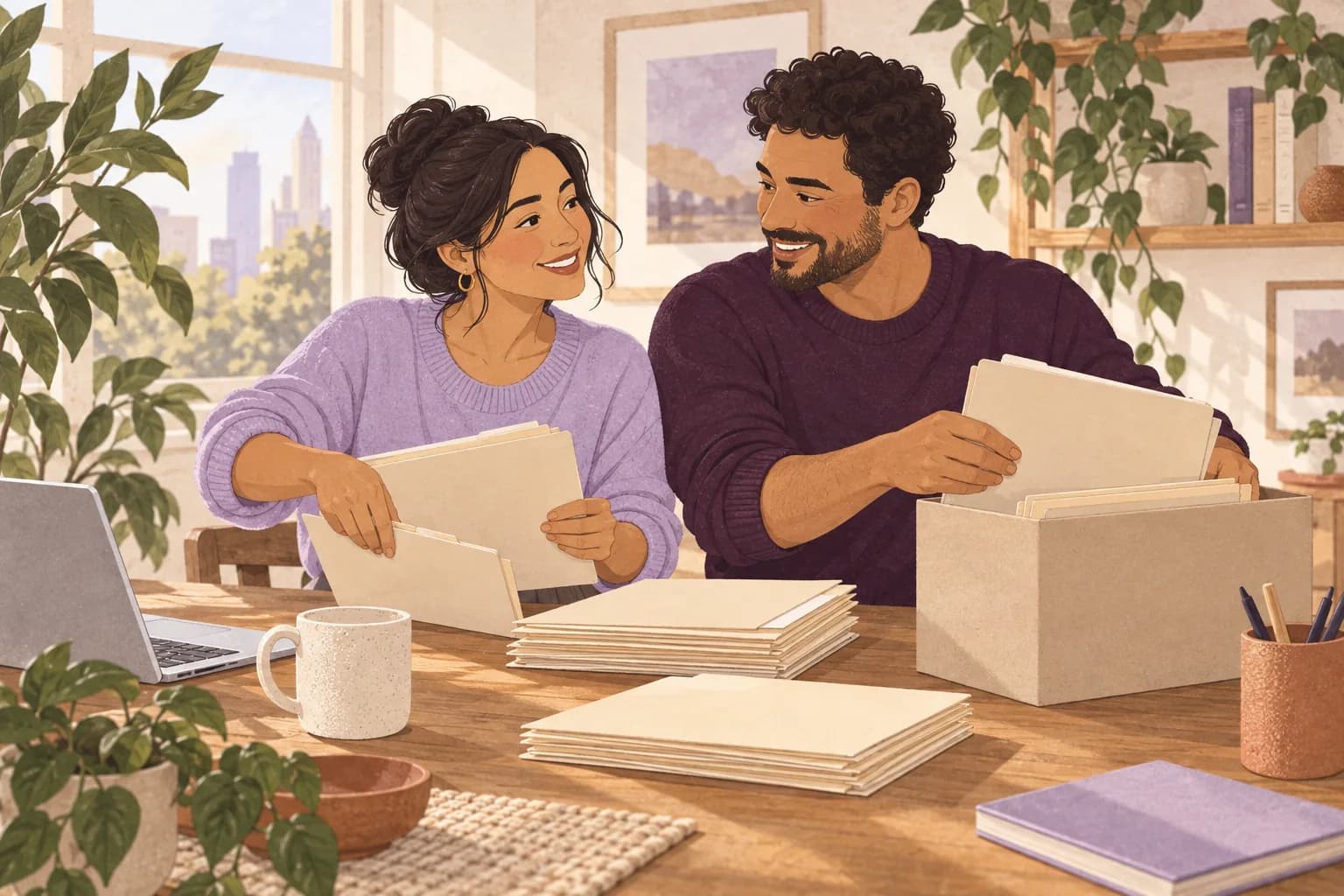 Illustration: An adult woman and her partner arrange plain unlabeled employment folders at a sunlit home table.