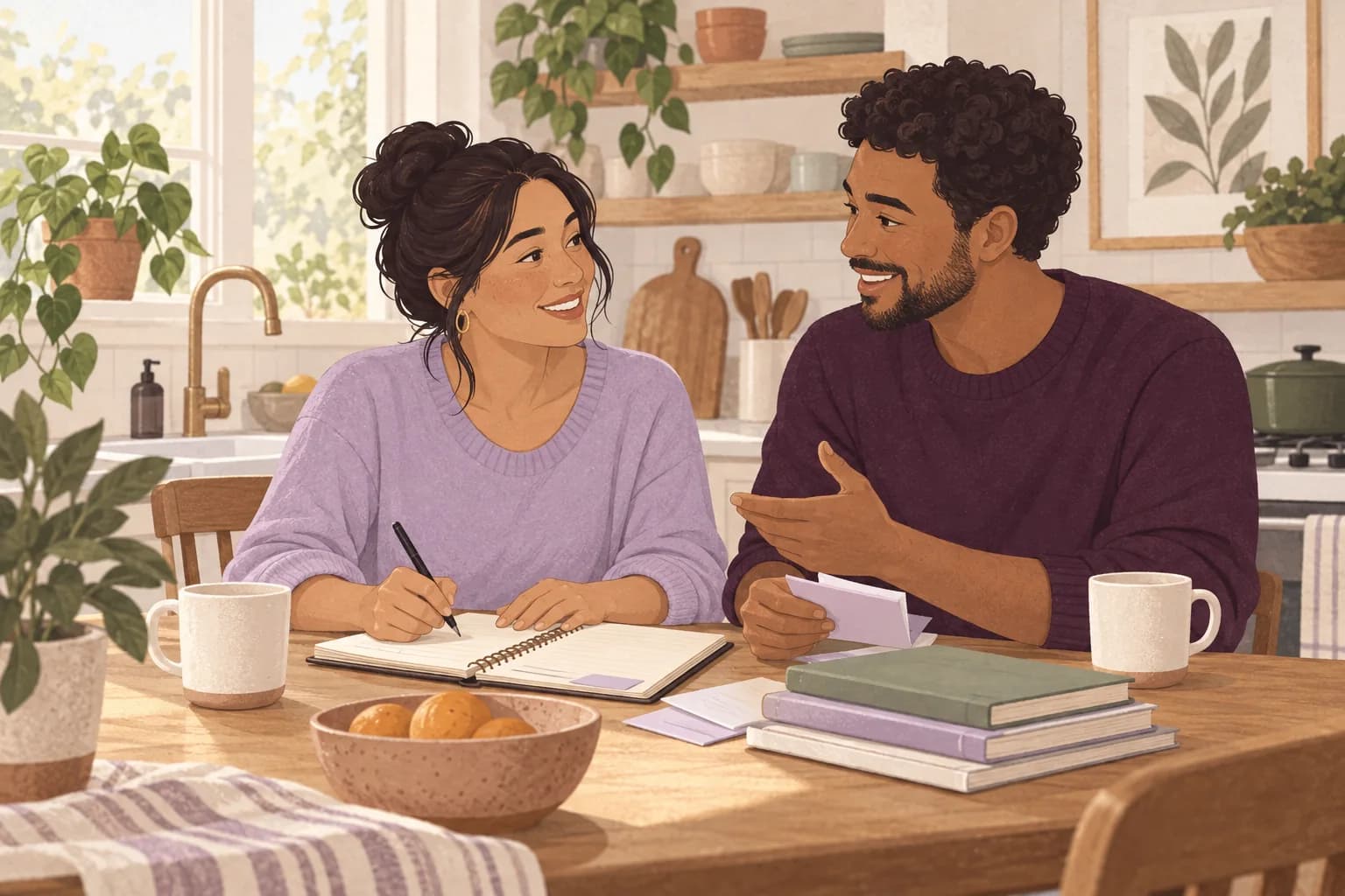 Illustration: Two parents talk quietly while organising an ordinary household notebook in a bright lived-in kitchen.