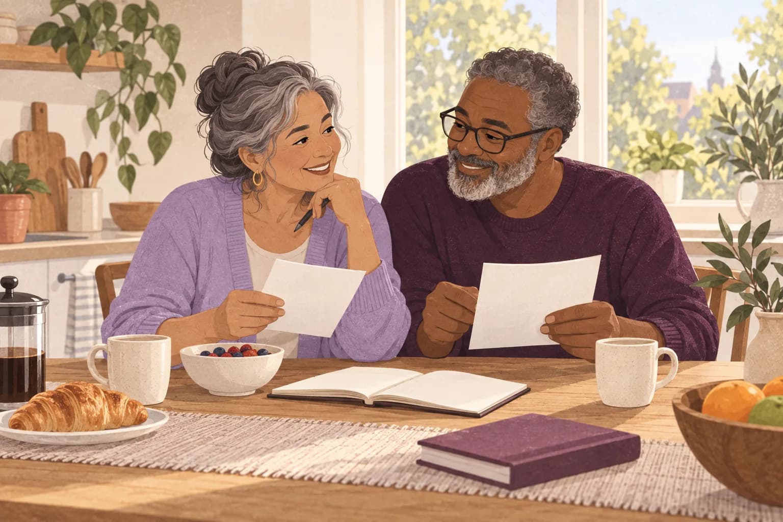 Illustration: Two older adults with varied skin tones compare plain notes over breakfast in a sunny kitchen.