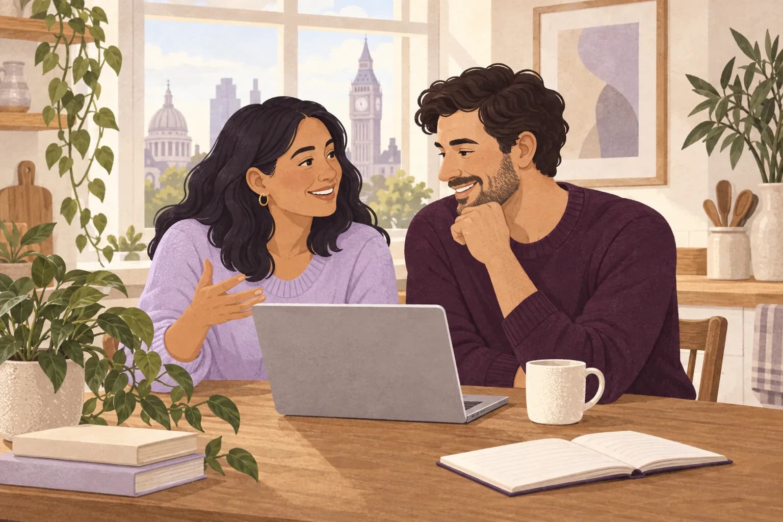 Illustration: A woman and her partner look over a laptop together at their sunny kitchen table.