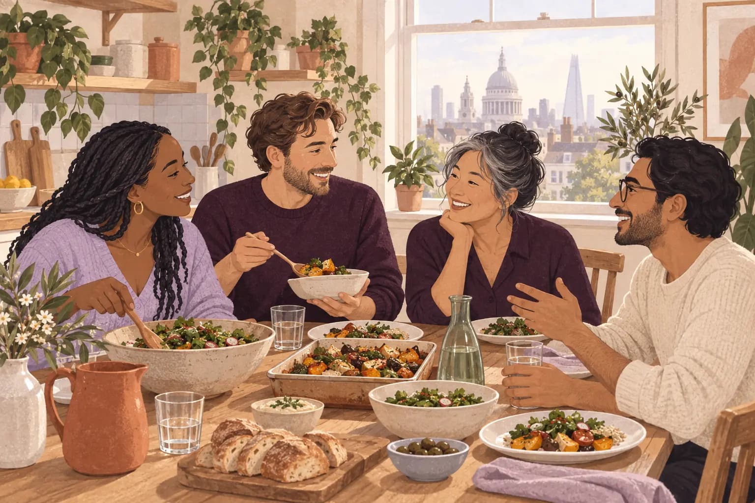 Illustration: Four friends of varied ages share a simple home-cooked supper at a bright kitchen table in London.