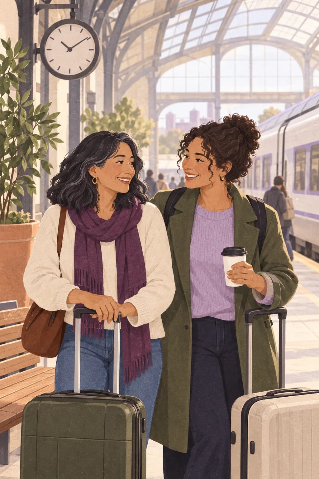 Illustration: A woman in her forties and her adult sister pause together beside luggage at a bright railway station.