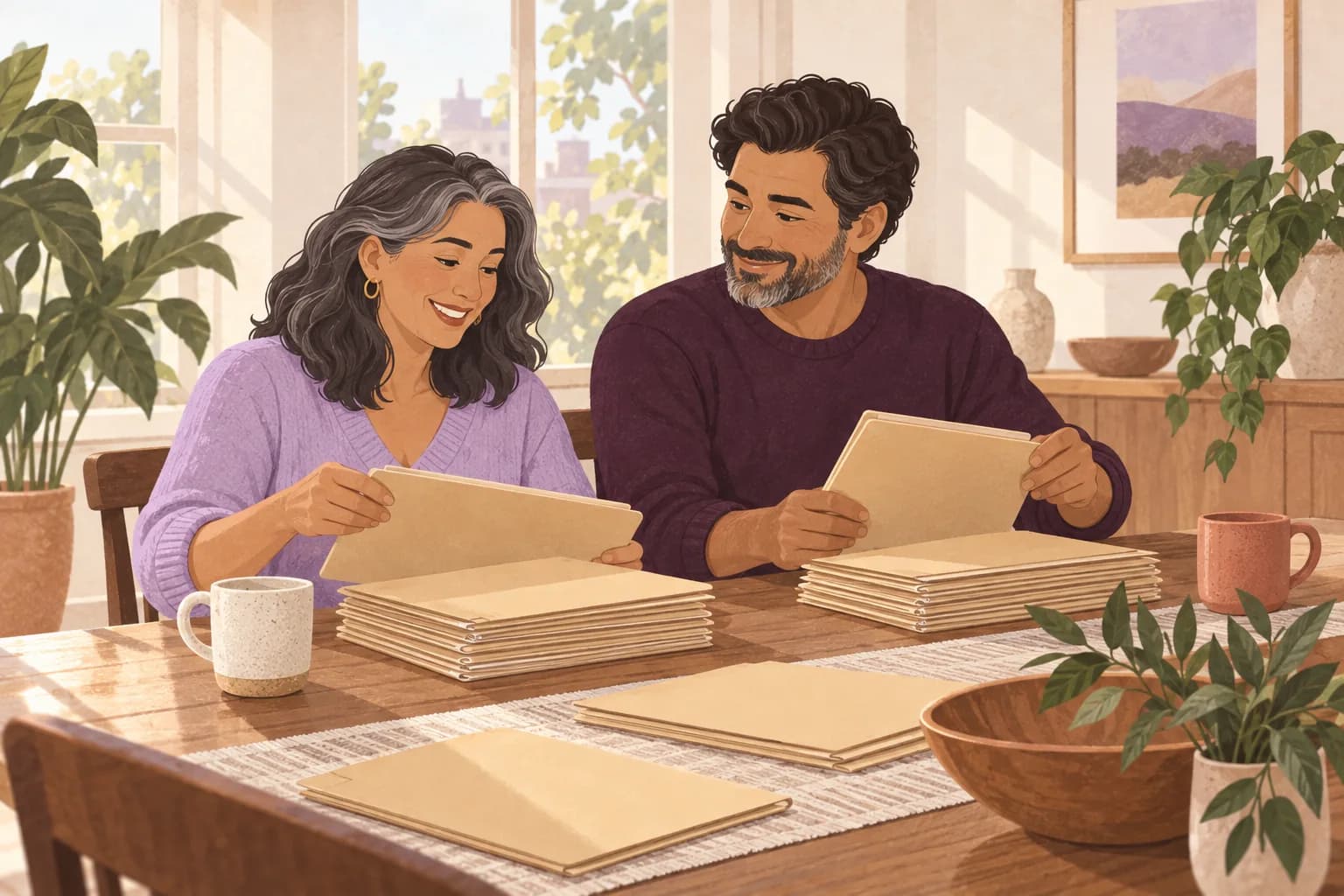 Illustration: A middle-aged woman and her partner calmly sort closed plain folders at a sunny dining table.
