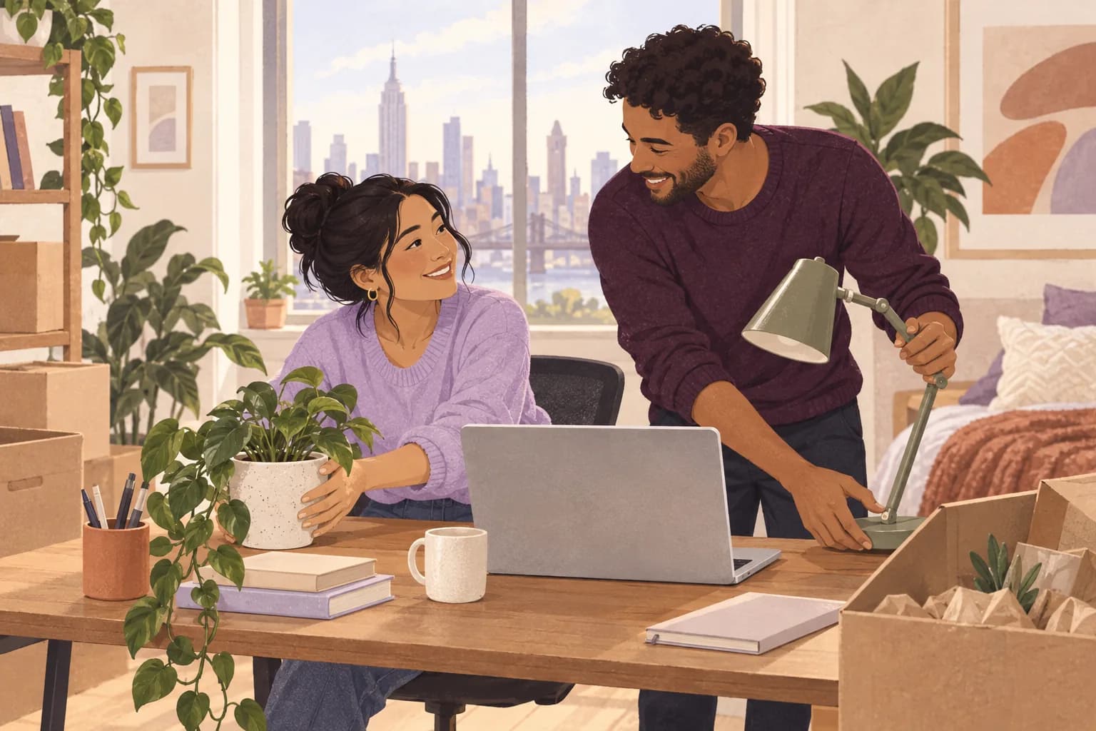Illustration: A young professional newly arrived in New York arranges a home working desk with a colleague.