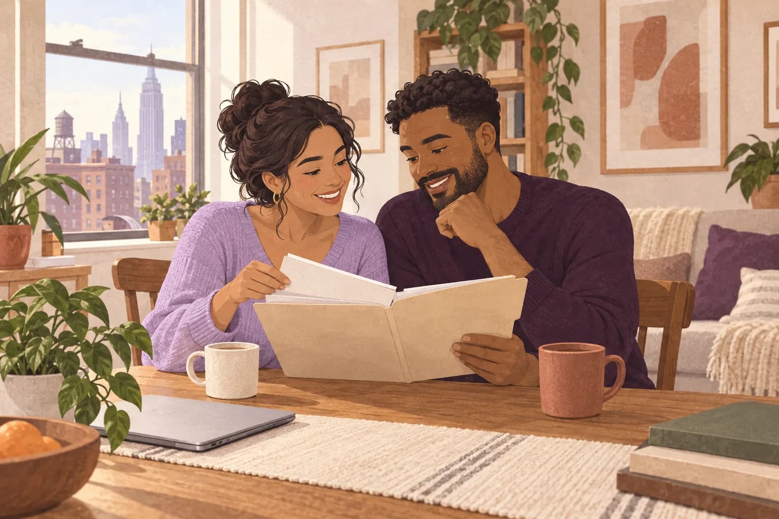 Illustration: A couple living in a modest New York apartment review a plain household folder at their dining table.