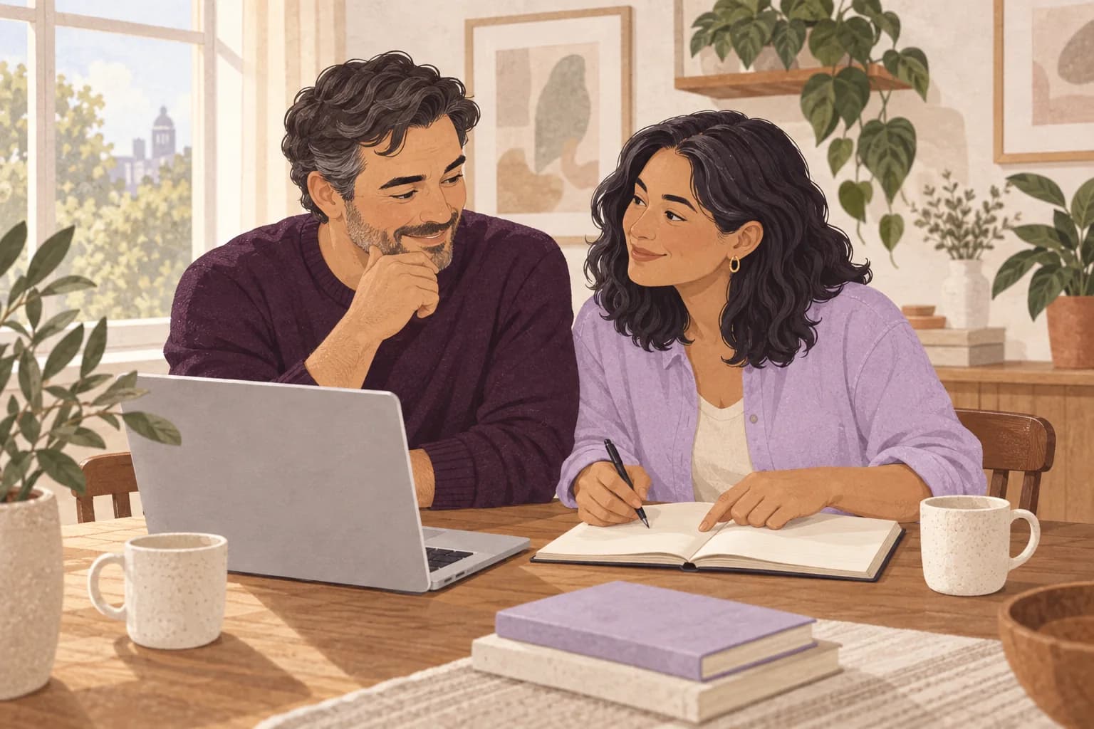 Illustration: Two adults in their forties organise a simple notebook and laptop together at home.