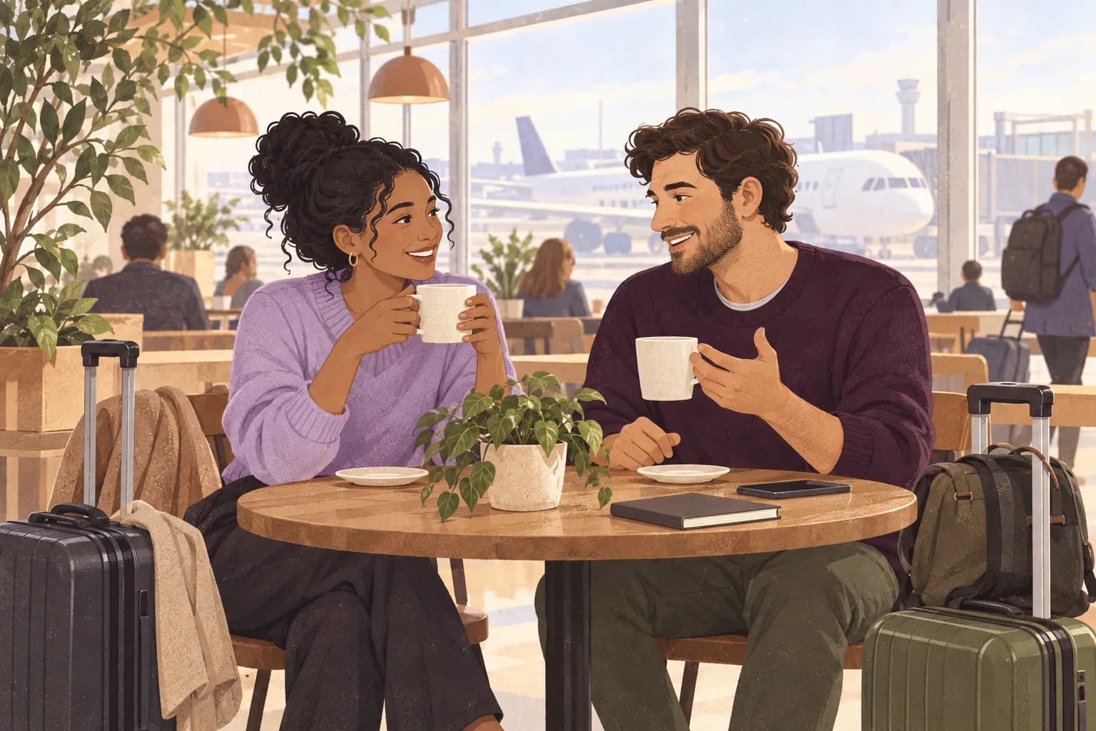 Illustration: Two colleagues wait together in a bright airport cafe over coffee with practical luggage.