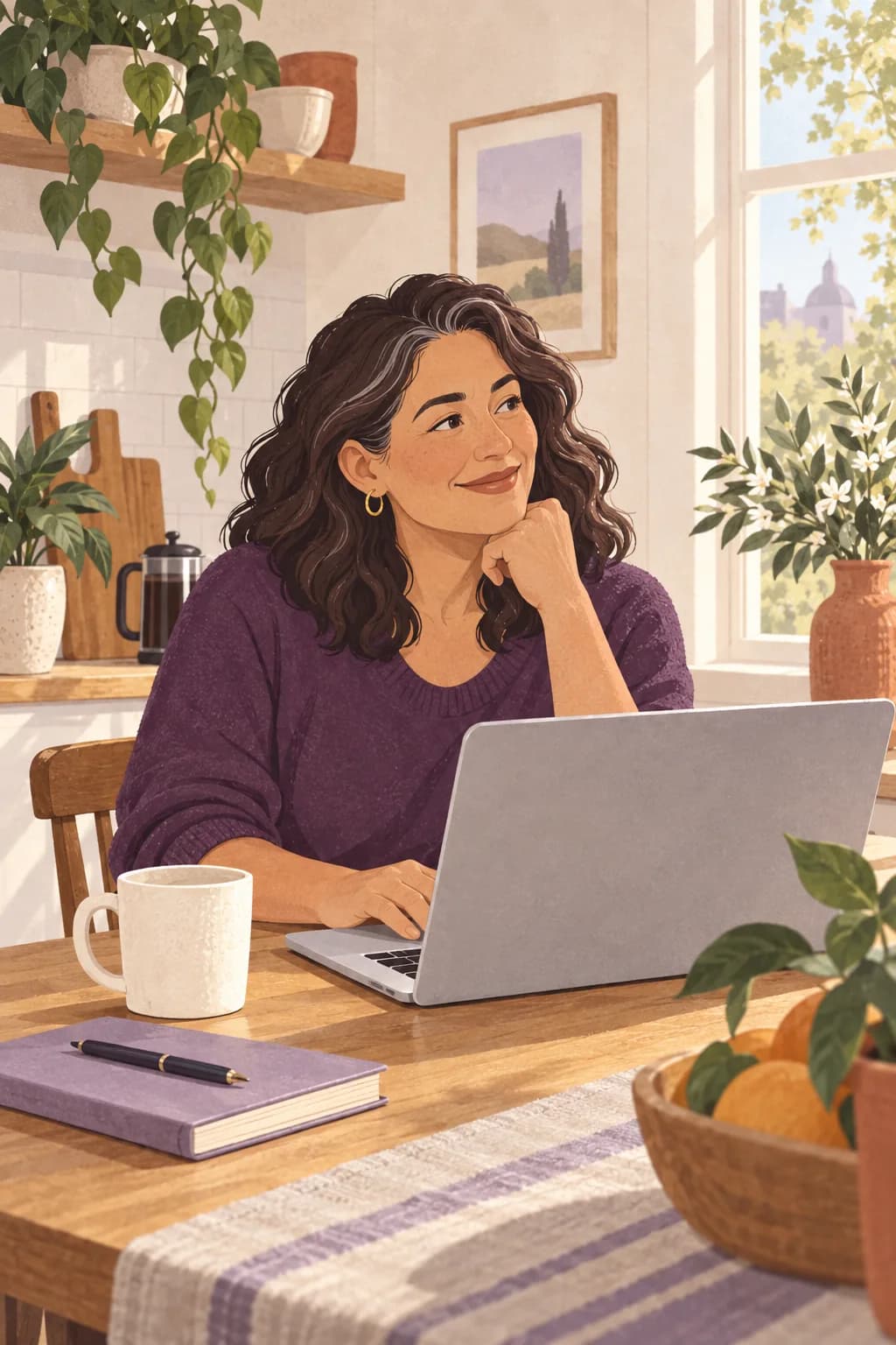Illustration: A friendly woman in her forties sits at a sunlit kitchen table with a laptop.