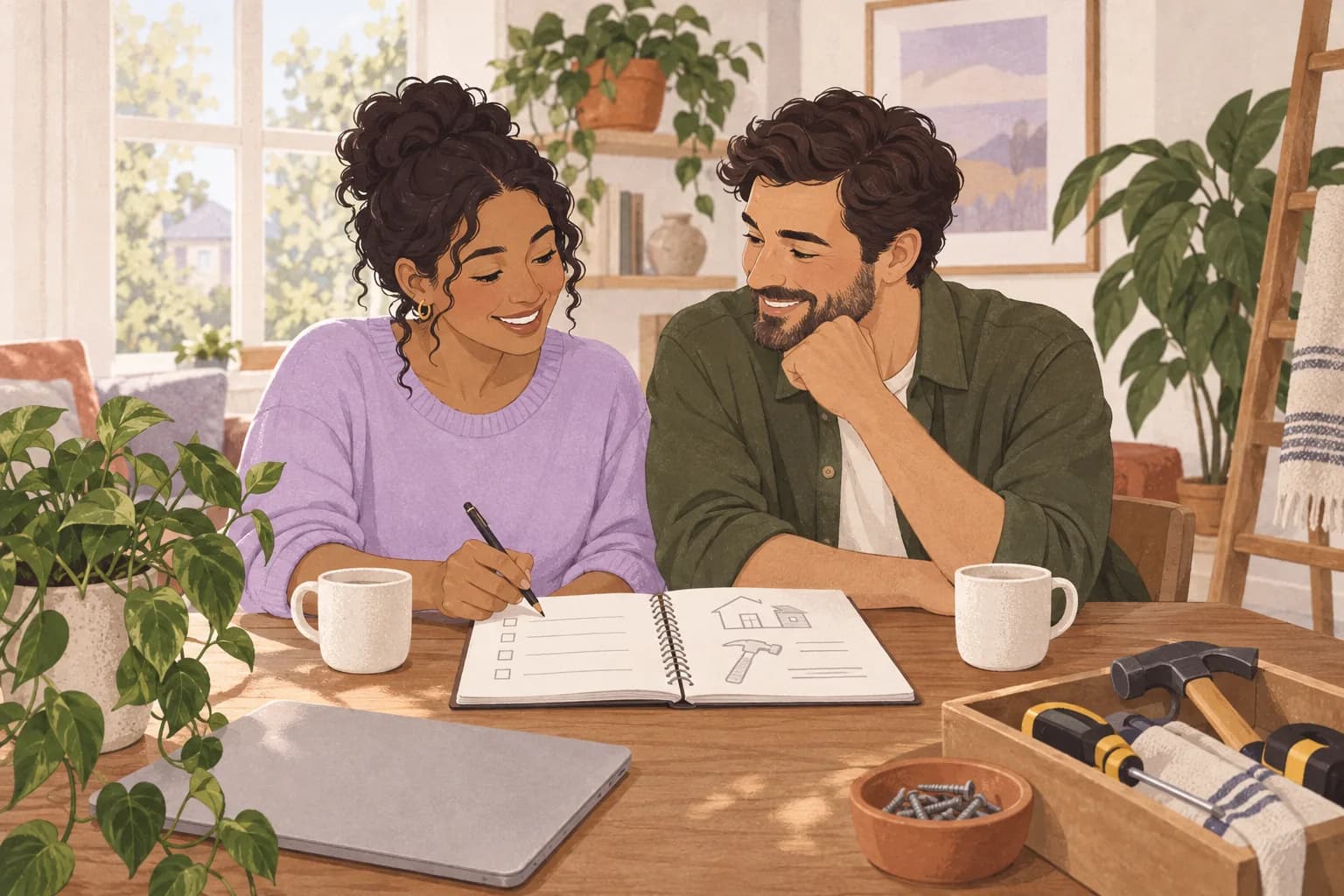 Illustration: An adult homeowner and partner discuss a maintenance notebook beside a plant in their bright ordinary home.