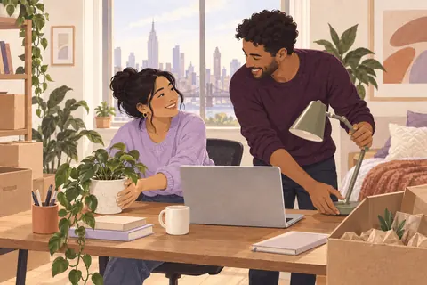 Illustration: A young professional newly arrived in New York arranges a home working desk with a colleague.