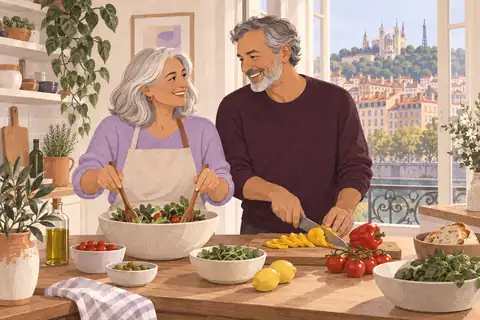 Illustration: A mature couple in their sixties prepare a simple lunch in a bright ordinary Lyon apartment.