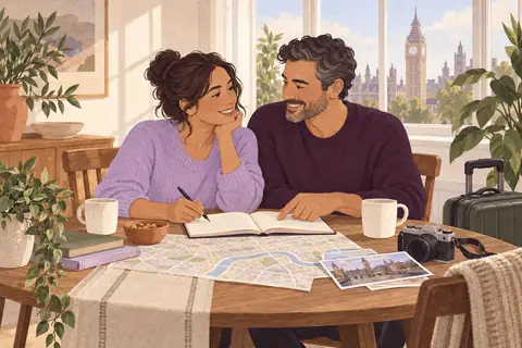 Illustration: A couple in their forties calmly plan travel over a blank notebook at a sunny London dining table.