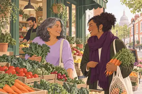 Illustration: A woman in her fifties greets a neighbor at a local London greengrocer.