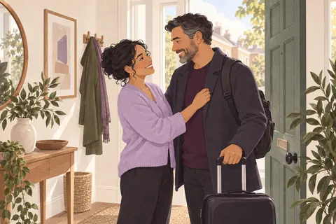 Illustration: A professional in their forties has a warm goodbye conversation with their partner at a bright UK home entry.