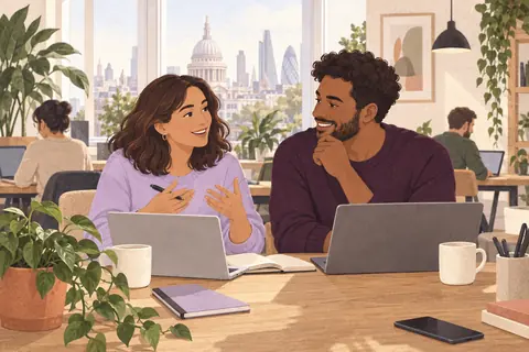 Illustration: Two colleagues in their thirties settle at a bright London coworking table.
