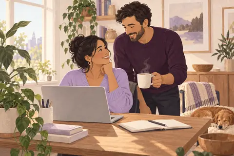 Illustration: A woman in her thirties works from a sunny home desk while her partner brings a cup of tea.