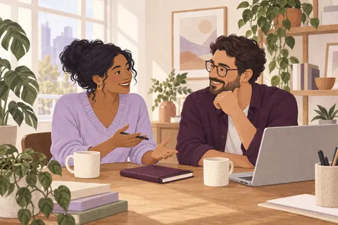 Illustration: Two independent consultants talk over a closed notebook in a bright small shared office.