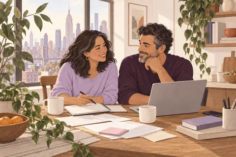 Illustration: Two small-business founders in their forties plan a working day at a modest New York apartment table.