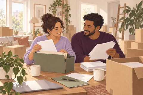 Illustration: An adult professional and their partner organise a household folder during a move.