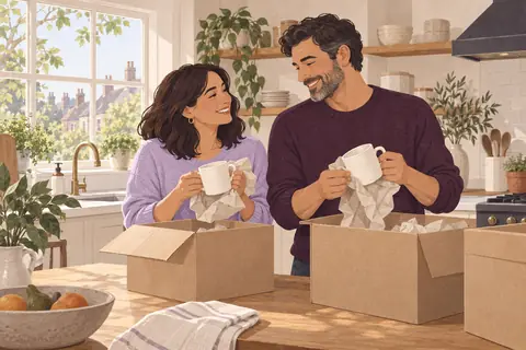 Illustration: A couple in their forties unpack familiar mugs in a bright English kitchen after returning home.