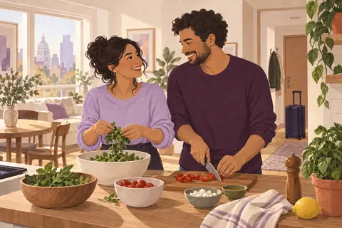Illustration: Two partners reunited for a visit prepare a simple meal together in an ordinary sunny city apartment.