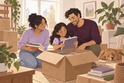 Illustration: Two parents and their school-age child unpack a child's books at a bright new home.