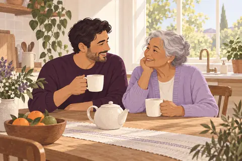 Illustration: An adult son shares a quiet cup of tea with his elderly mother at her sunlit kitchen table.