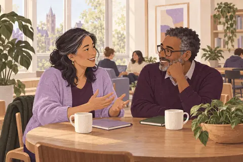 Illustration: An academic in their fifties chats with a peer in a bright university common room.