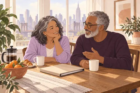 Illustration: An older couple in their sixties sit together at a sunny New York breakfast table.