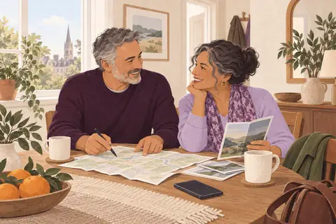 Illustration: A mature couple in their late fifties compare notes at a bright UK dining table before going out.
