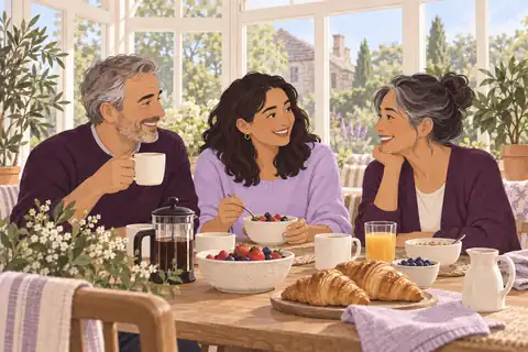 Illustration: A mature couple and their adult daughter enjoy breakfast in a bright English conservatory.