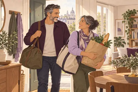 Illustration: A couple in their fifties return to an ordinary French apartment with weekend bags and groceries.