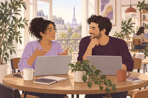 Illustration: Two adults in their thirties chat at a small bright Paris coworking table.