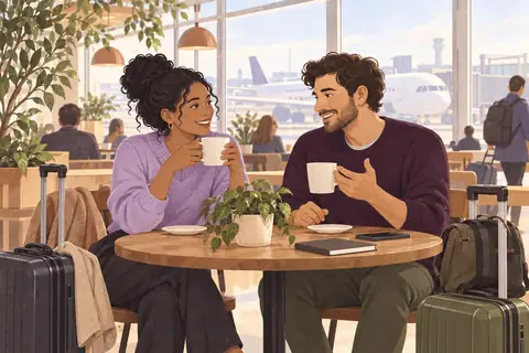 Illustration: Two colleagues wait together in a bright airport cafe over coffee with practical luggage.